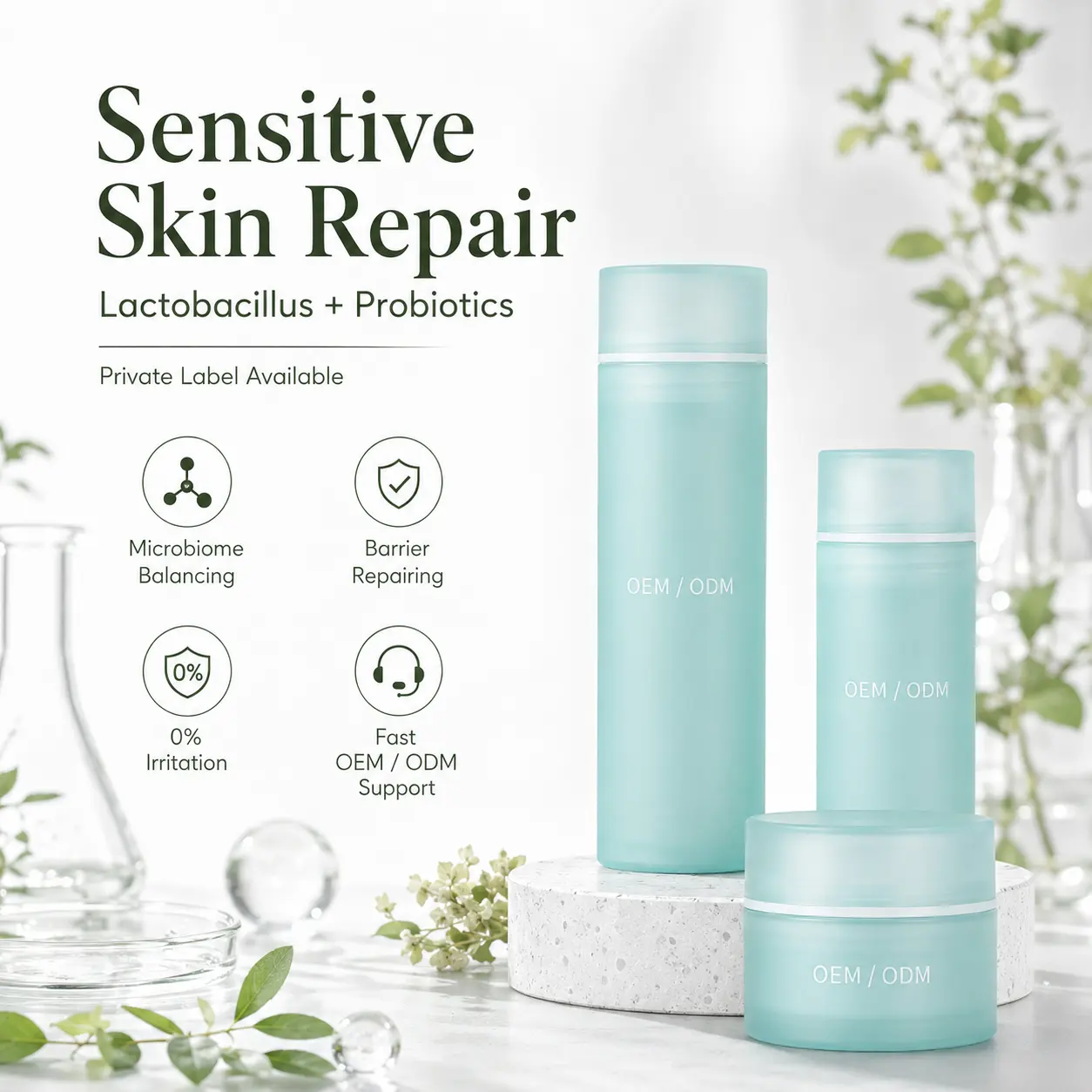 OEM Private Label Lactobacillus Soothing Skincare Set Barrier Repair Calms Redness Sensitive Skin Custom Formula Manufacturer