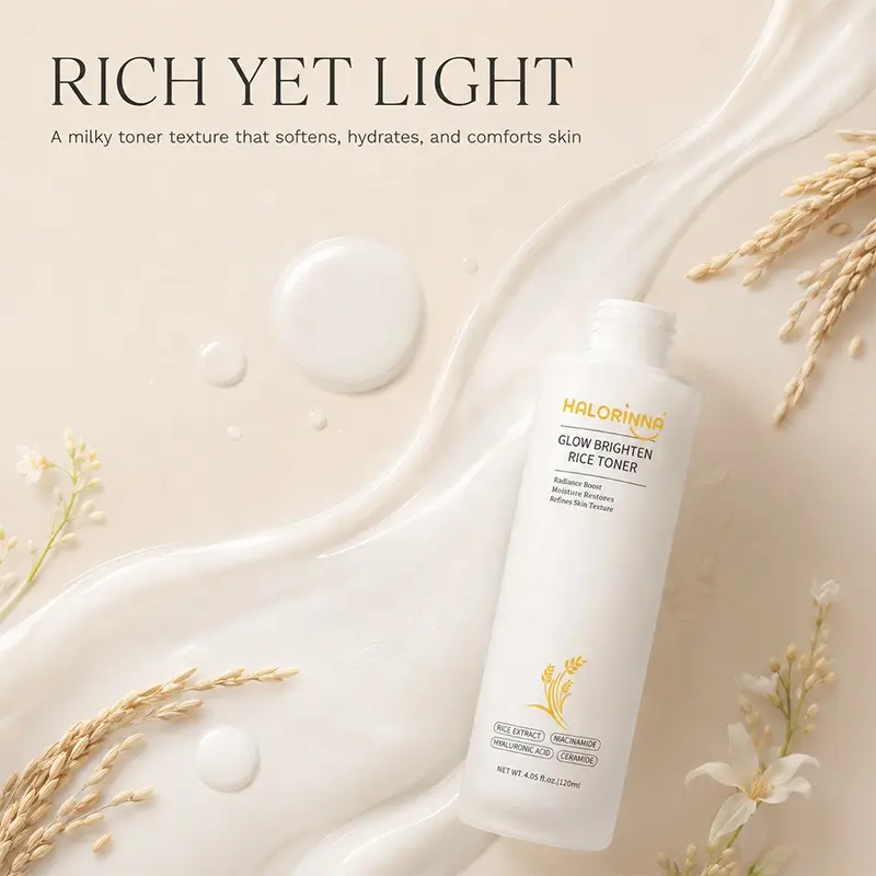 HALORINNA Brightening Rice Extract Niacinamide Hydrating Calming Liquid Toner 120ml for Natural Skin Radiance & Hydration