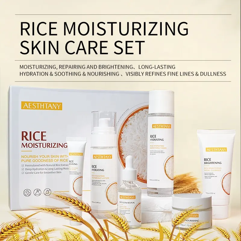 AESTHTANY Rice Moisturizing Skin Care Set 6pcs | Hydrating Facial Cleanser Toner Serum Lotion Eye Cream Anti-Wrinkle Lightening