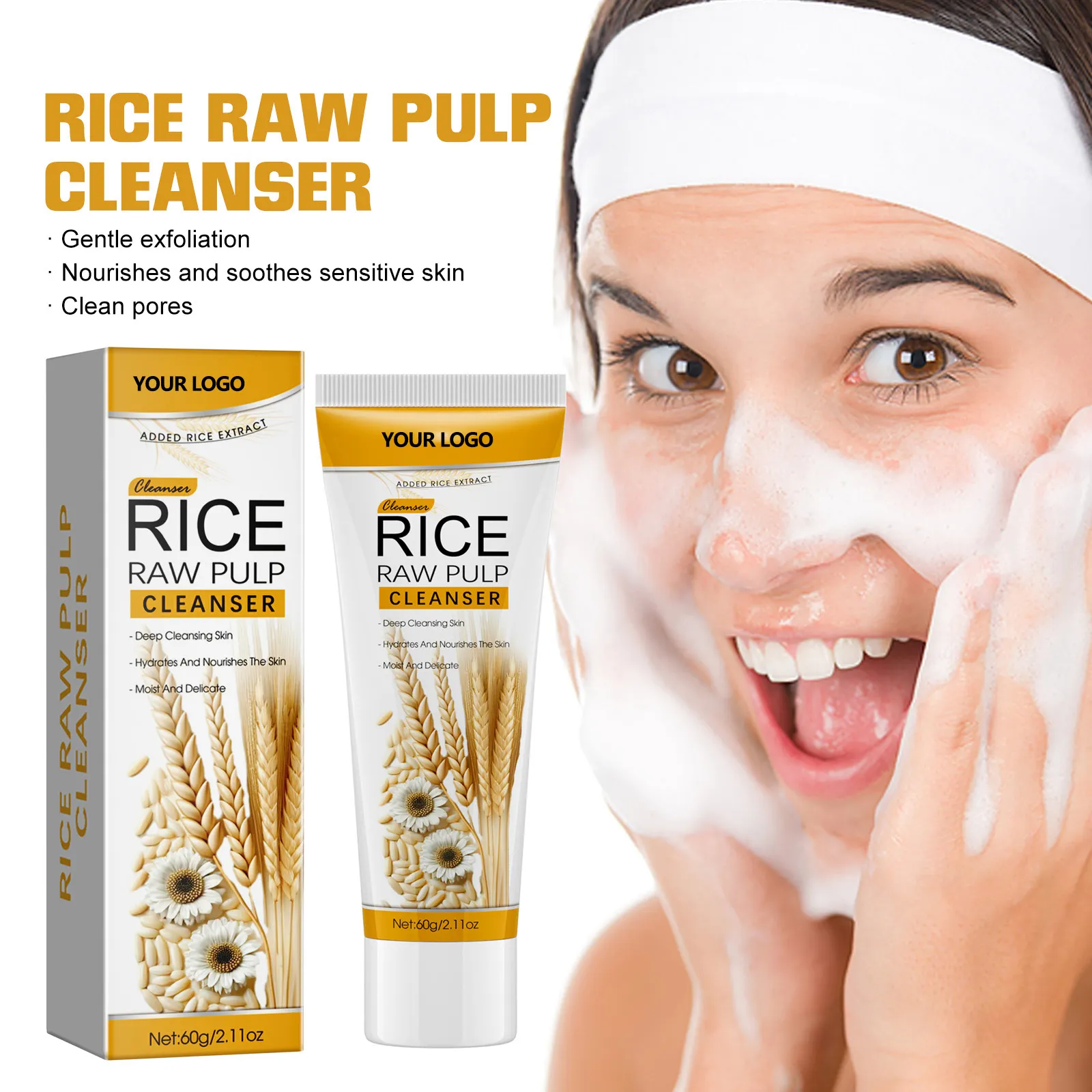 Private Label Natural Rice Slurry Facial Cleanser Anti Aging Exfoliate Shrink Pores Face Wash Foam Fights Blemishes Breakouts