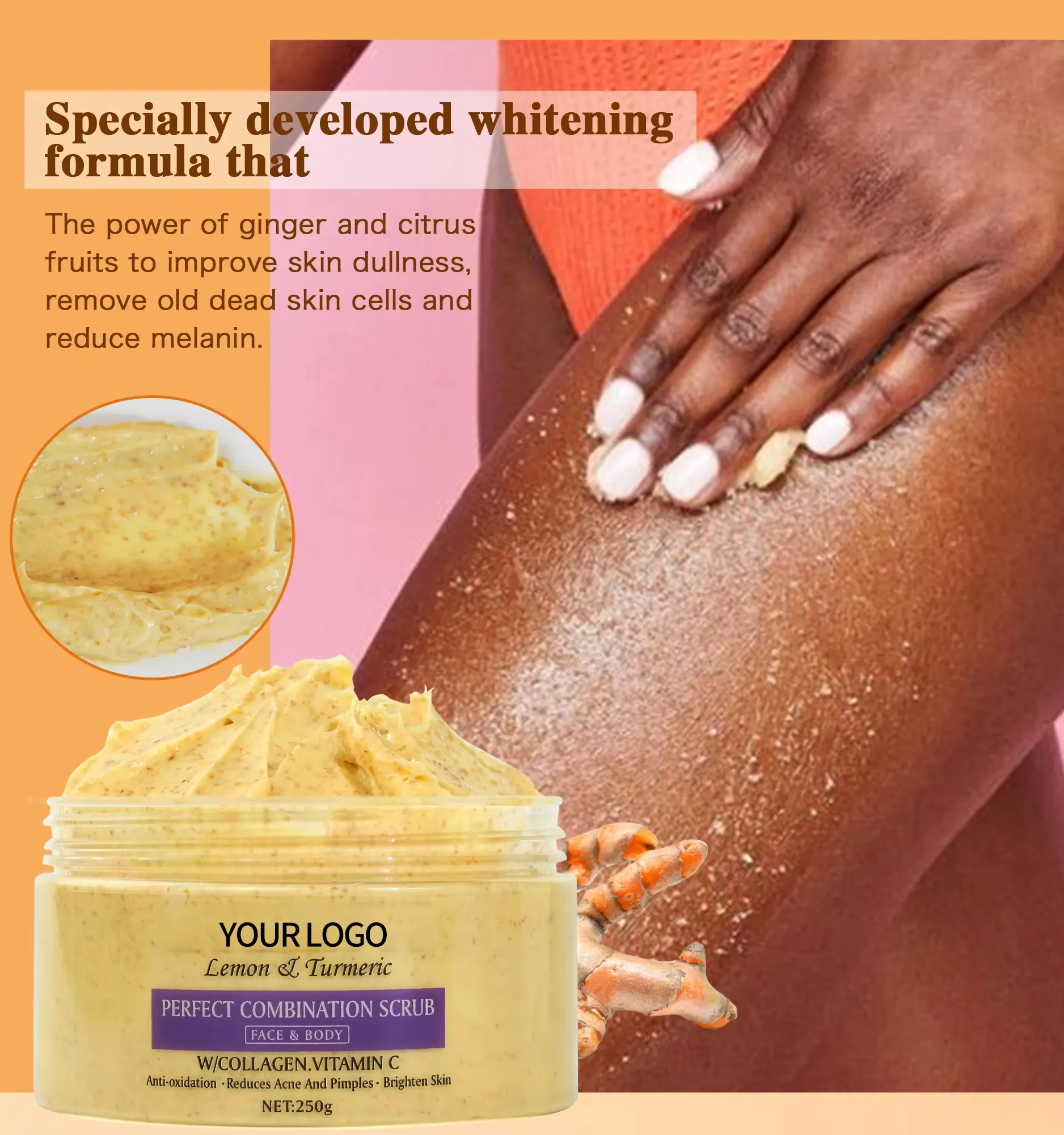 OEM Dead Skin Remover Natural Turmeric & Lemon Brightening Moisturizing Sugar Exfoliating Scrub for Face