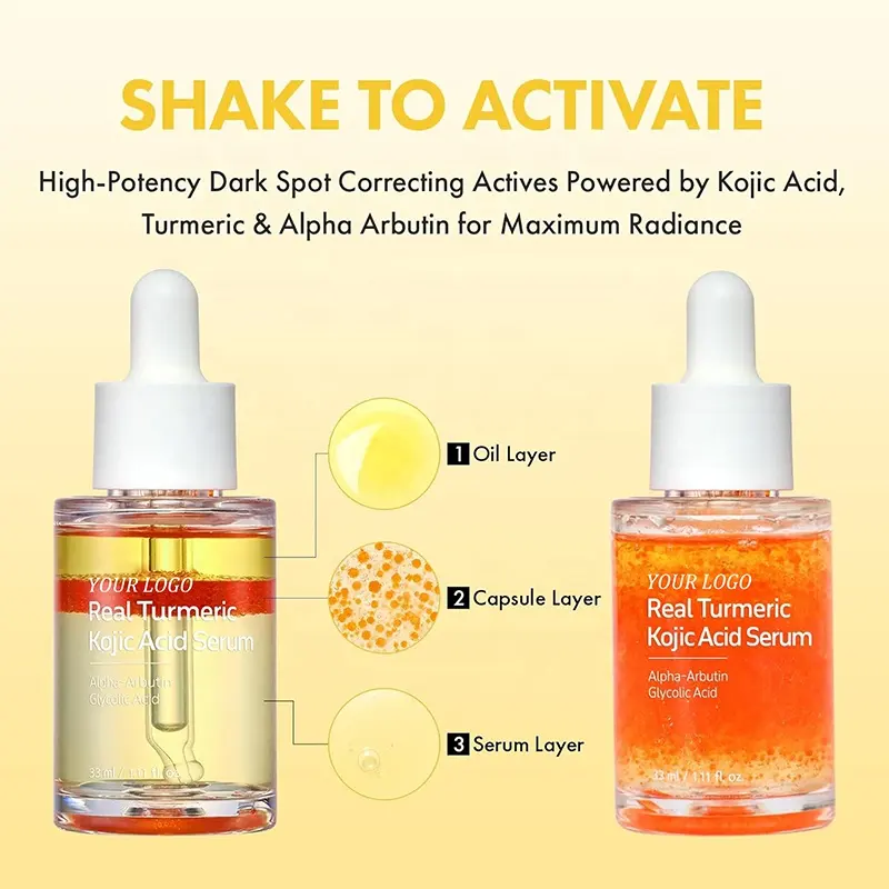 Private Label Turmeric Kojic Acid Alpha Arbutin Facial Serum Harmonize Uneven Dull Complexion Nourish Daily Facial Maintenance
