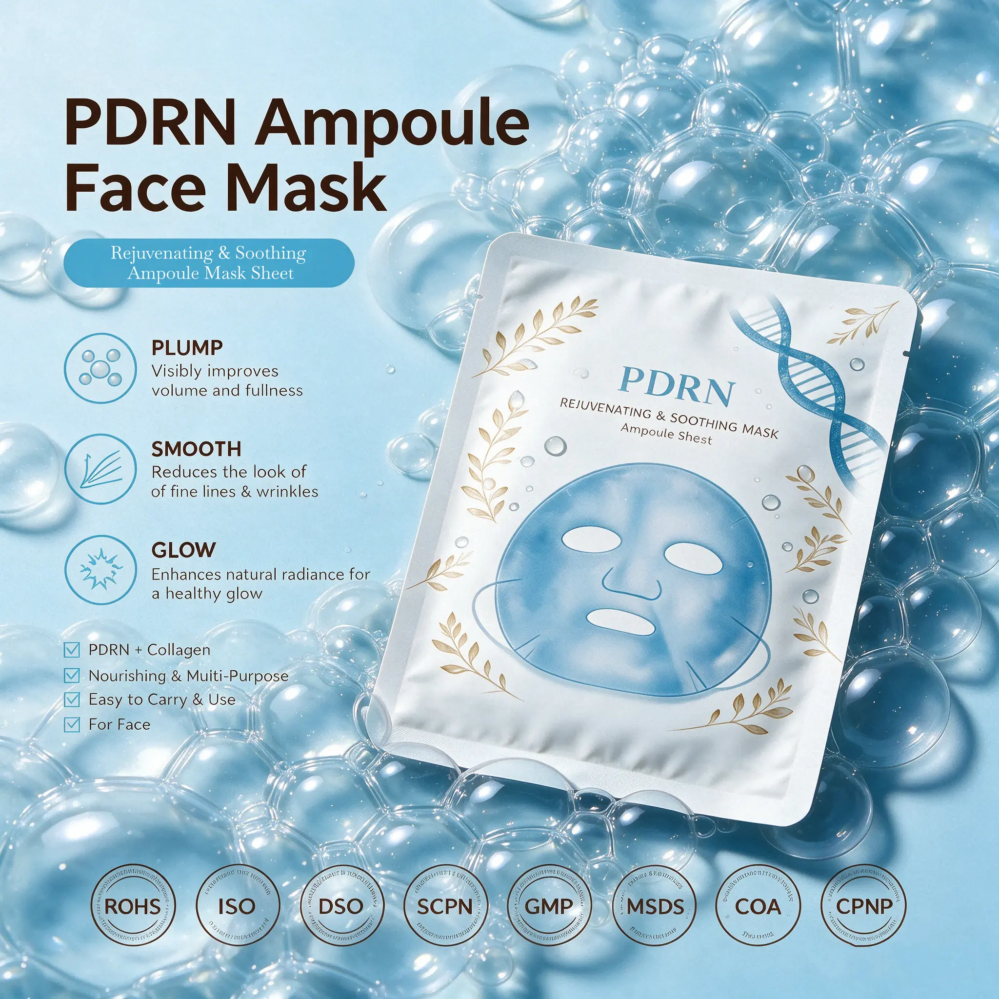 OEM Korean PDRN Salmon DNA Collagen Ampoule Sheet Mask Anti Aging Hydrating Brightening Firming Vegan Private Label Wholesale