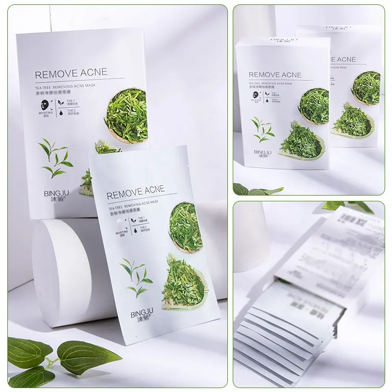 BINGJU Wholesale Box 8pcs Hyaluronic Acid Collagen Tea Tree Clay Mask Hydrate Balance Sebum Unisex Daily Facial Nourishing Care