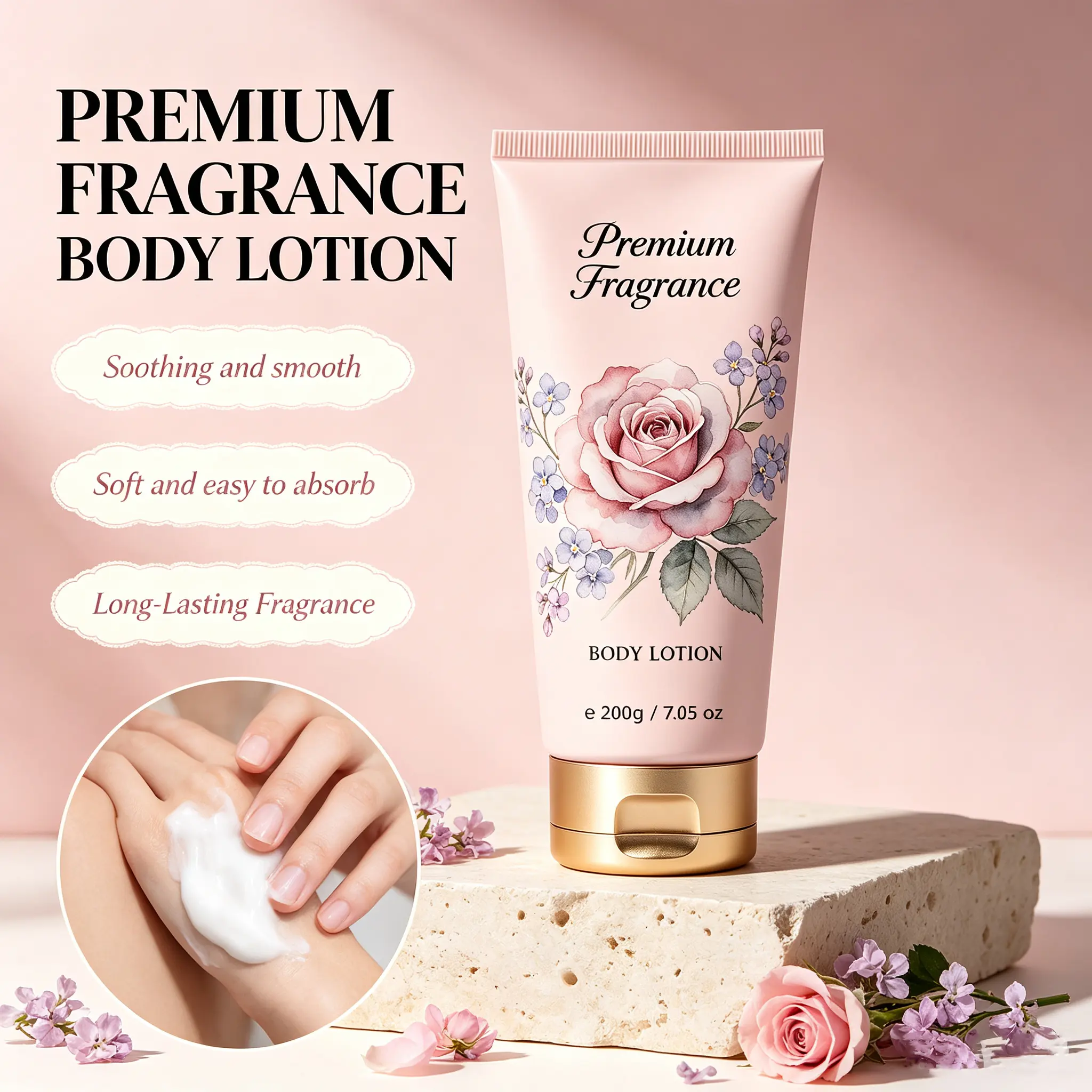 Private Label Rose Scent Body Lotion 24H Hydrating Brightening Smoothing Body Cream Organic Vegan Moisturizer for Dry Rough Skin detail