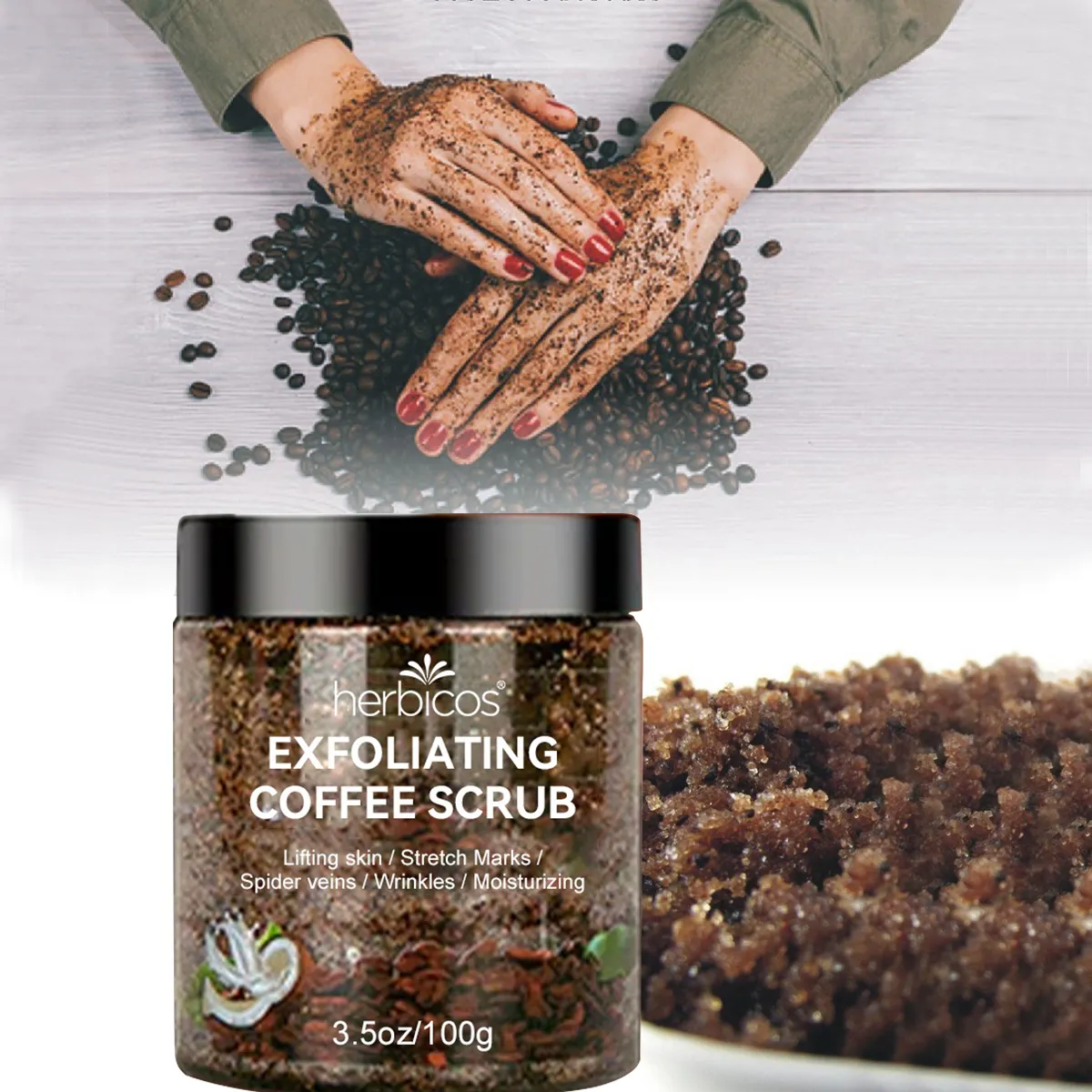 Herbicos Private Label Arabic Ogx Coffee Extract Scrub and Wash Korea Coconut Body Coffee Exfoliator