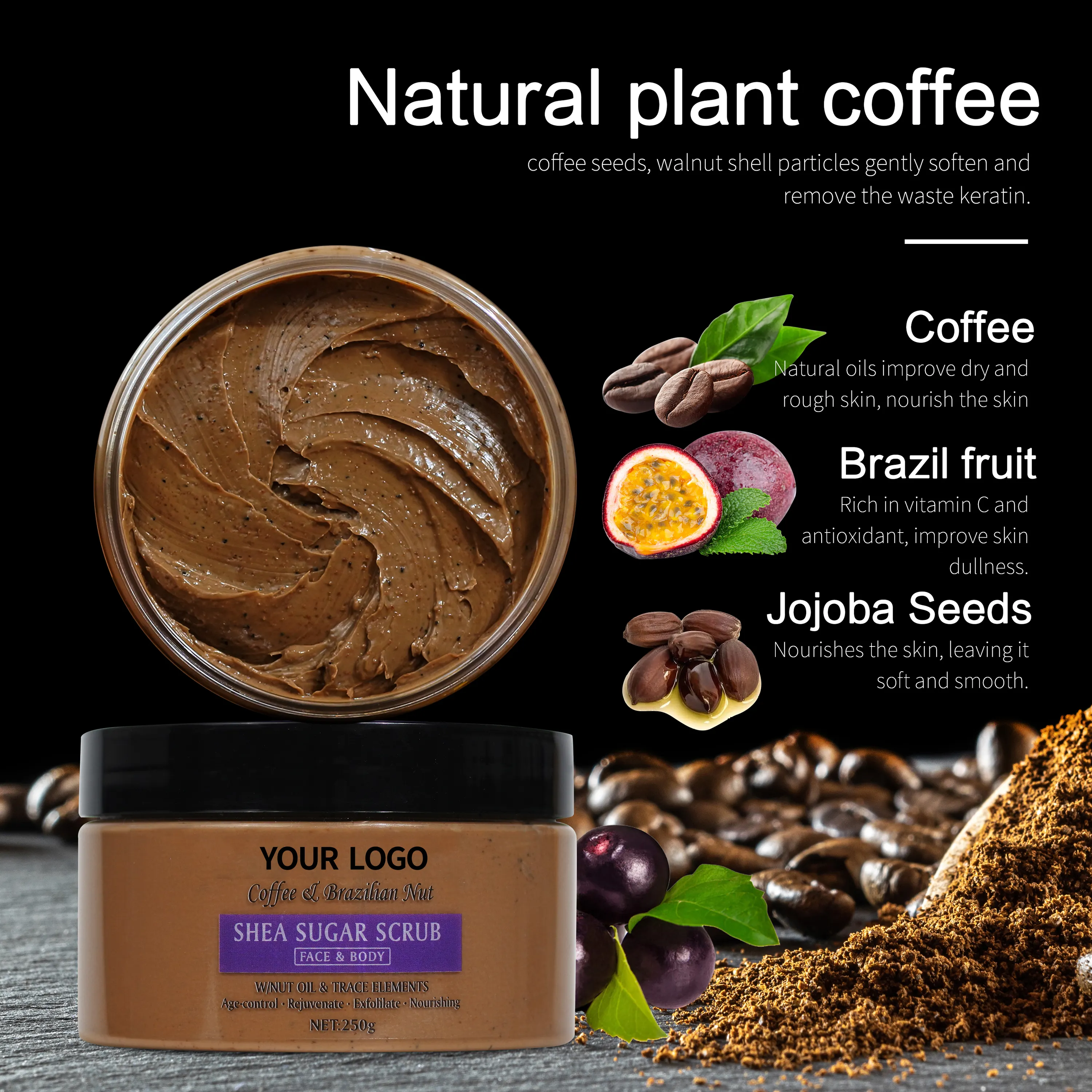 Private Label Vegan Skin Care Body Scrub with Vitamin C Multivitamin Whitening Brightening Coffee Sugar Cream Wholesale