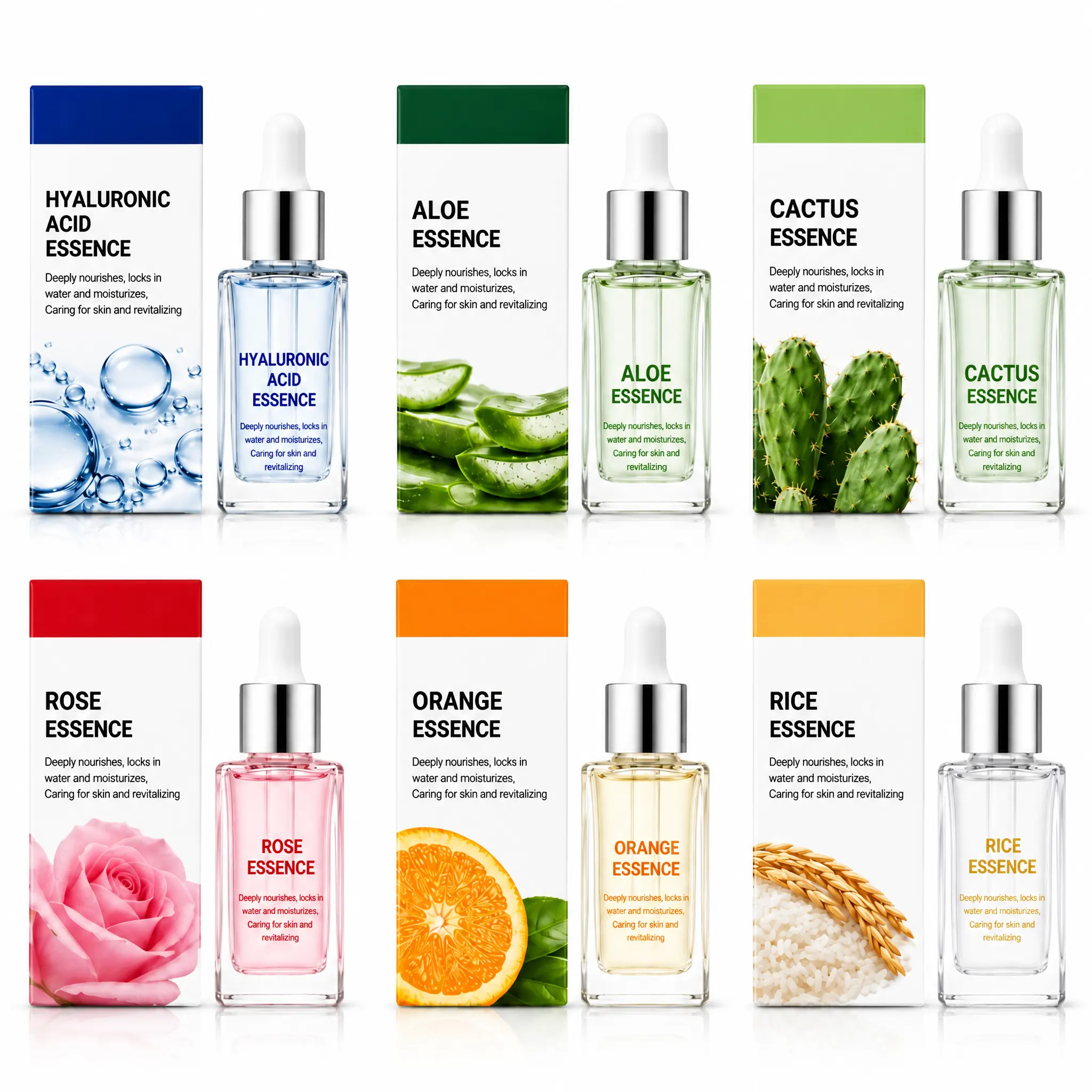 6 Types Natural Plant Extract Face Serum Hyaluronic Acid Rose Aloe Vitamin C Brightening Moisturizing Anti-Aging Essence OEM