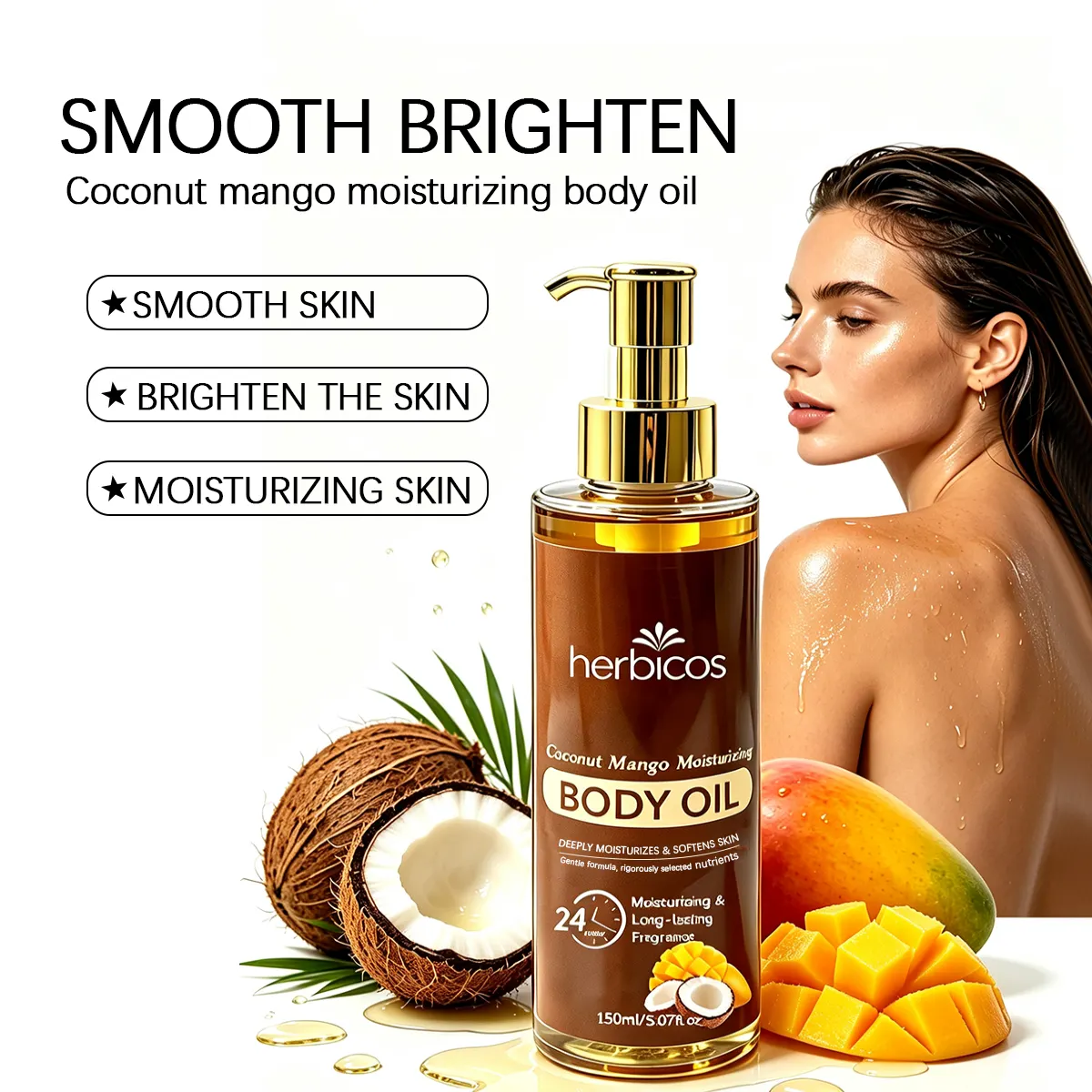 Private Label Coconut Mango Body Oil Moisturizing Brightening Skin Massage Oil Long Lasting Fragrance Body Oil Daily Skin Care