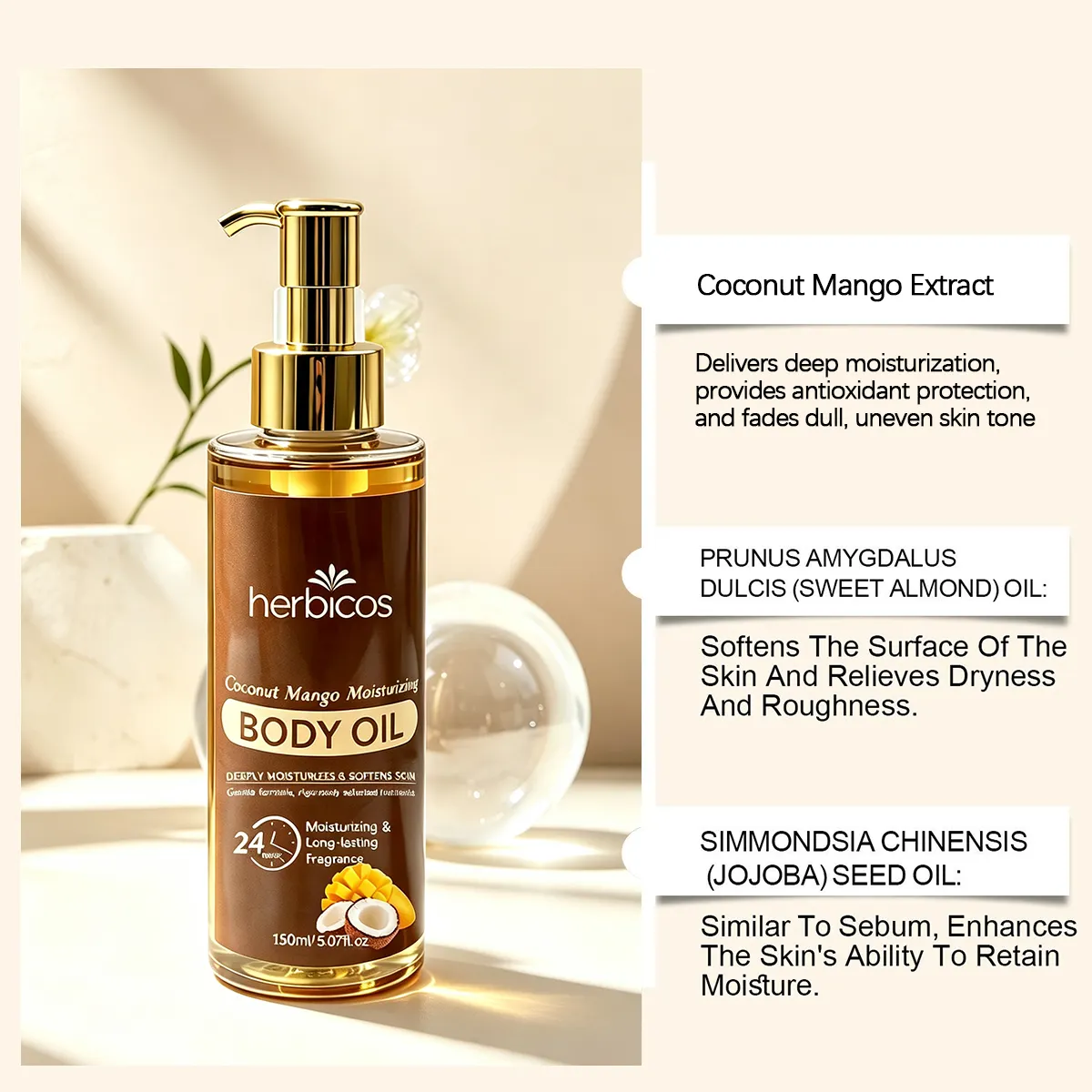Private Label Coconut Mango Body Oil Moisturizing Brightening Skin Massage Oil Long Lasting Fragrance Body Oil Daily Skin Care