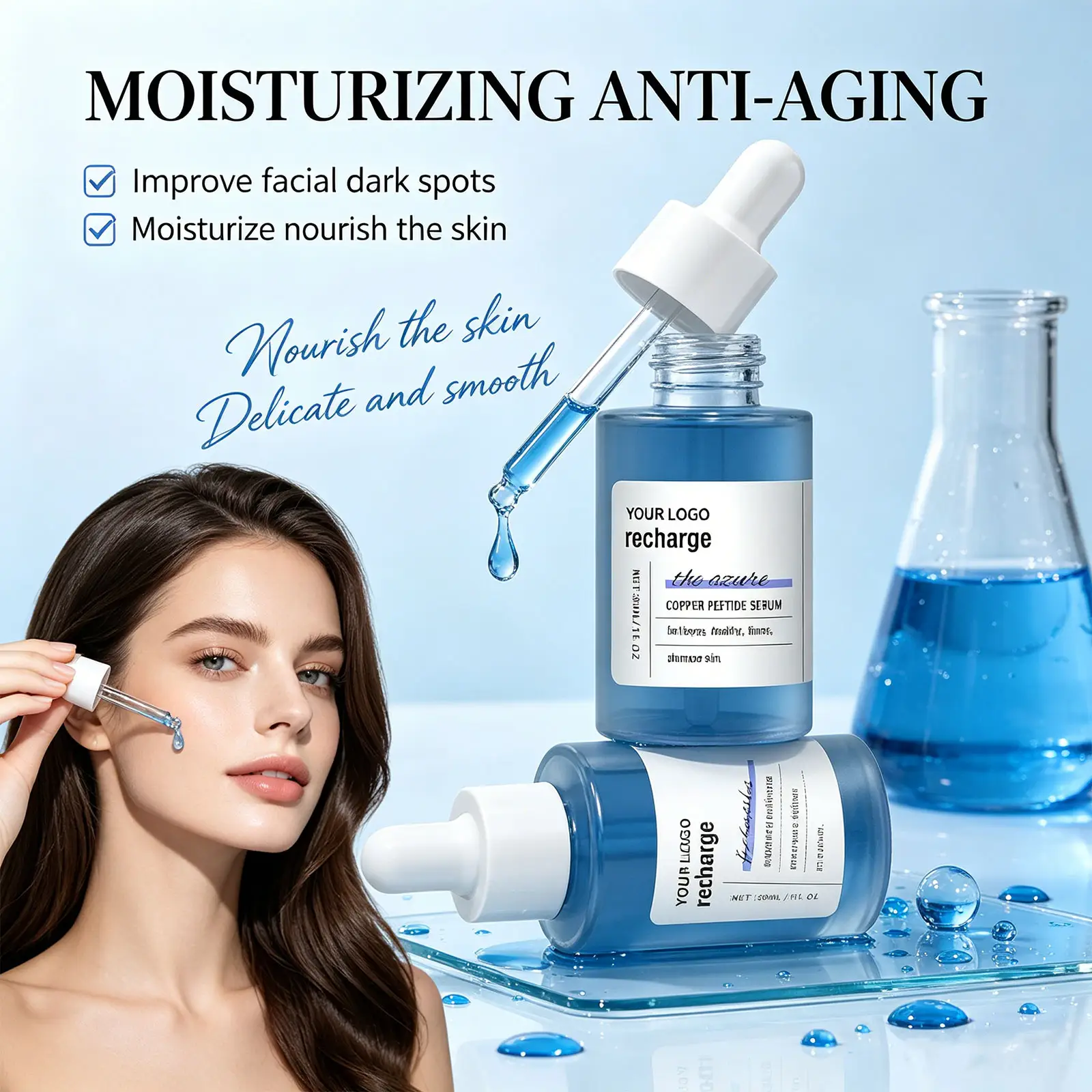 Private Label Blue Copper Peptide Face Serum Anti-Aging Firming Wrinkle Removal Facial Skin Care Products Ghk-Cu Essence OEM ODM