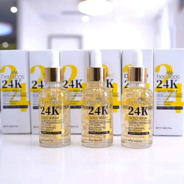Herbicos Korean Anti Wrinkle Anti Aging Body Face 24k Gold Foil Essence Skin Care Brightening Whitening Serum for Day and Night