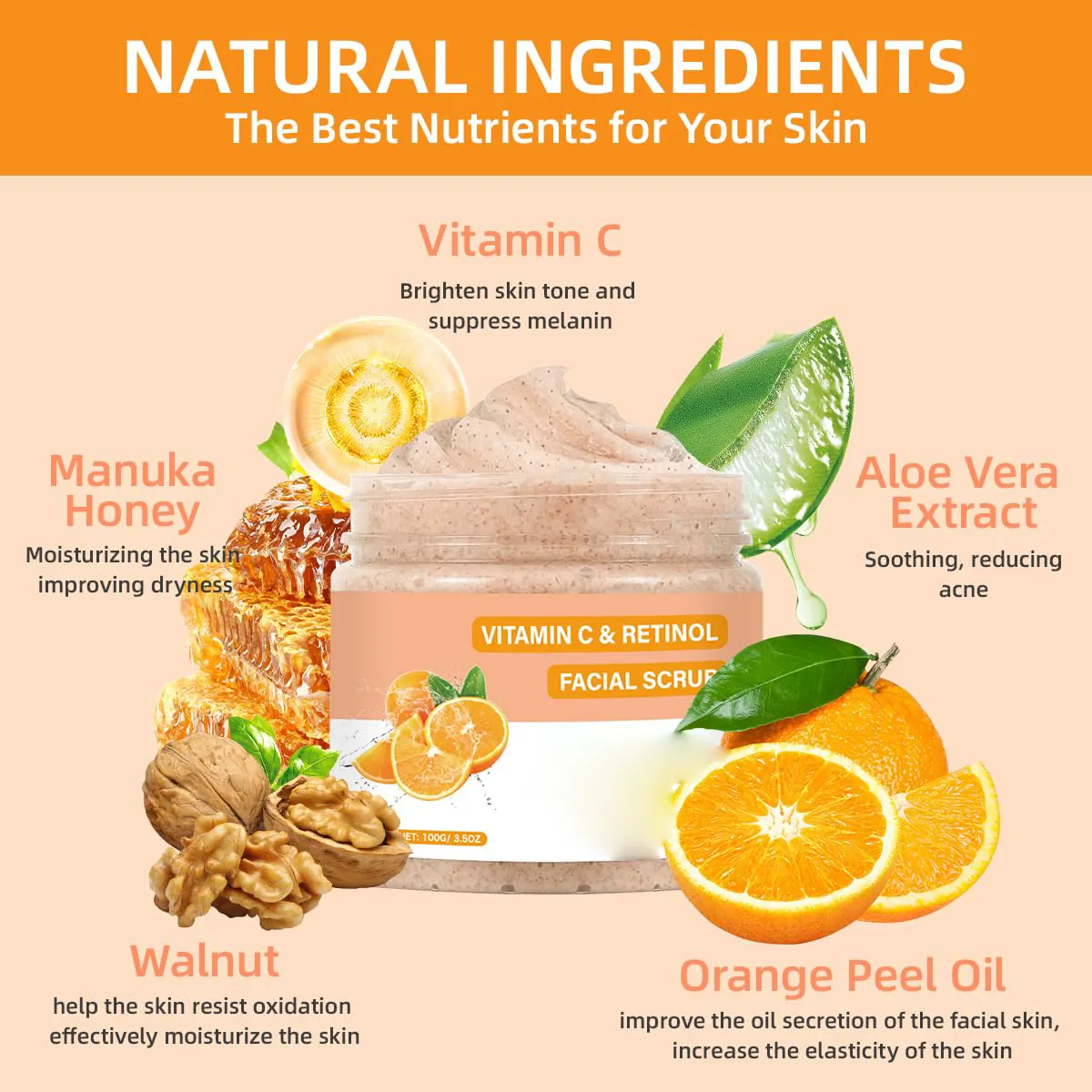 Retinol & Vitamin C Face Scrub Exfoliating Facial Wash for Deep Cleansing Body Scrub for Women and Men