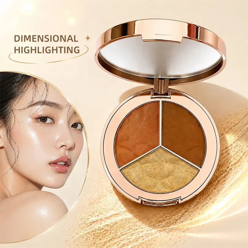Custom High Quality Three-Color Pressed Powder Highlight Palette OEM Clean Formula Skin Brightening Private Label High Pigmented