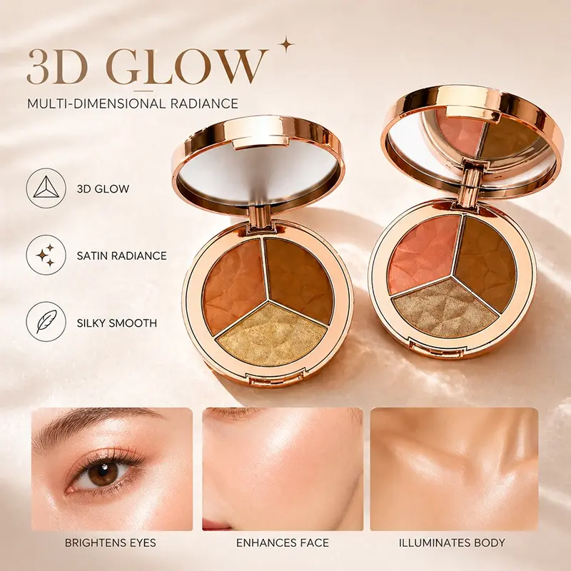 Custom High Quality Three-Color Pressed Powder Highlight Palette OEM Clean Formula Skin Brightening Private Label High Pigmented