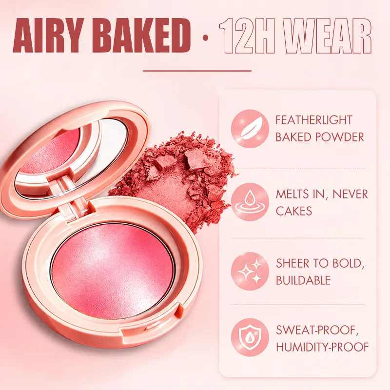 Private Label Two in One Baked Powder Blush Highlighter Palette High Pigment Luminous Featherlight Vegan Waterproof