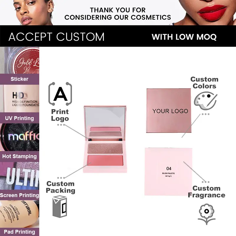 Custom Your Logo Blush and pink Compact Face Cheek Makeup Kits Tint Blusher Shimmering Highlighter Long Lasting Blush Palette