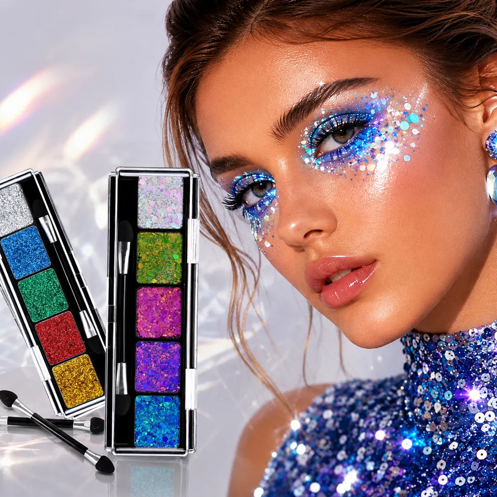 OEM 5 Color Pressed Glitter Palette No Glue Gel Formula High Pigment Long Lasting Holographic Sparkle Face Body Wholesale