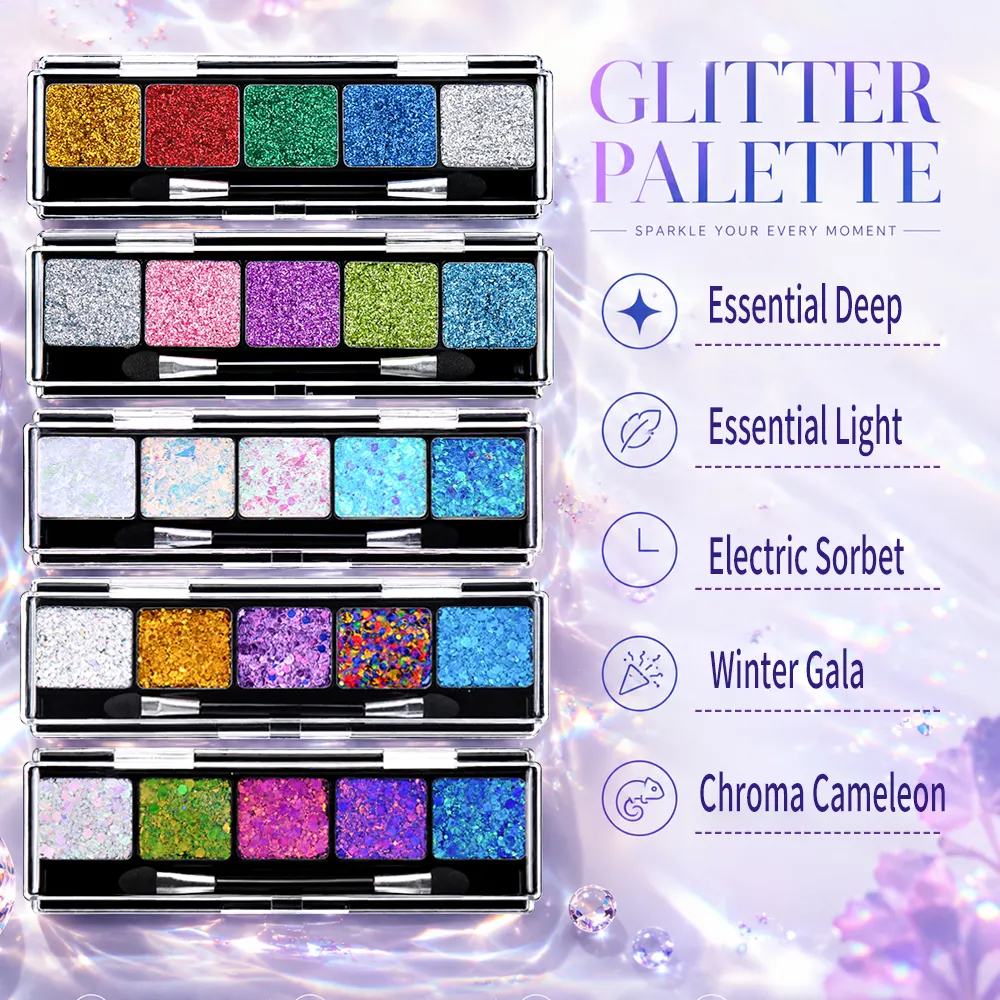 OEM 5 Color Pressed Glitter Palette No Glue Gel Formula High Pigment Long Lasting Holographic Sparkle Face Body Wholesale