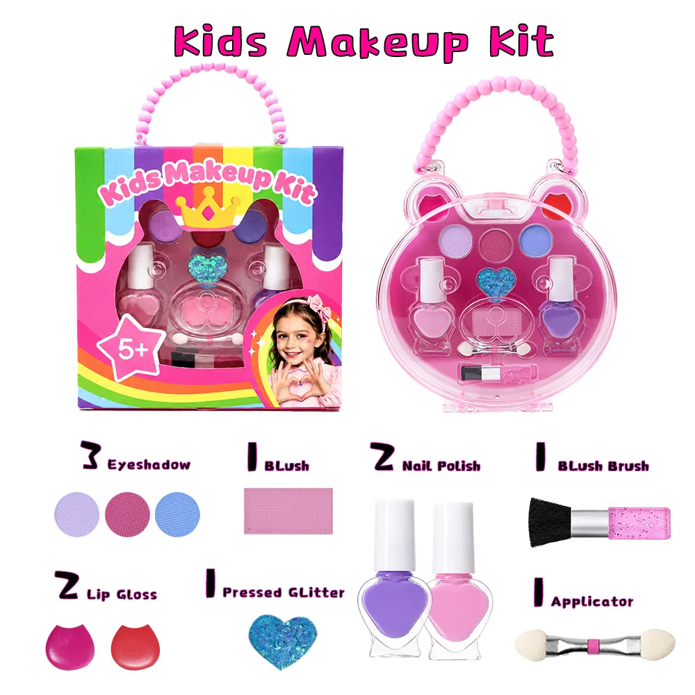 Bulk Pink Bear Girls Cosmetic Makeup Kit Safe Non Toxic Washable Colorful Eyeshadow Glitter Blush Brush Gift Set