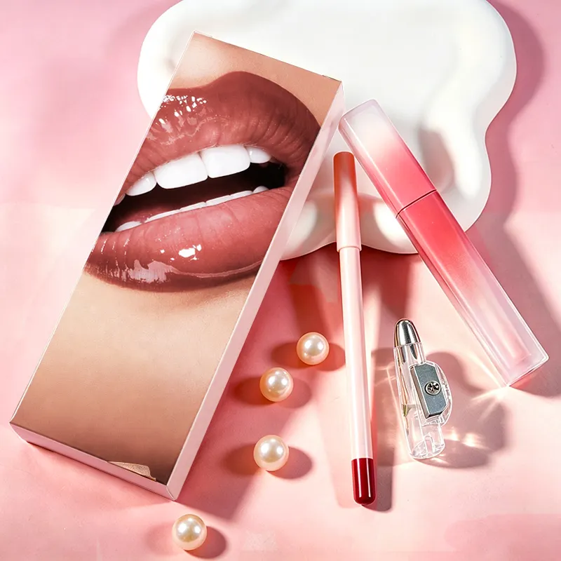 Wholesale Plant Based Lip Gloss Lip Liner Kit Sharpener Sunflower Oil Blue Water Lily Vitamin E Waterproof Long Lasting