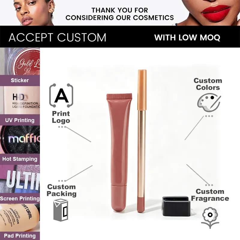 Private Label High Shine Glass Lip Gloss Set with Lip Liner Hydrating Mirror Glossy Lipgloss Kit