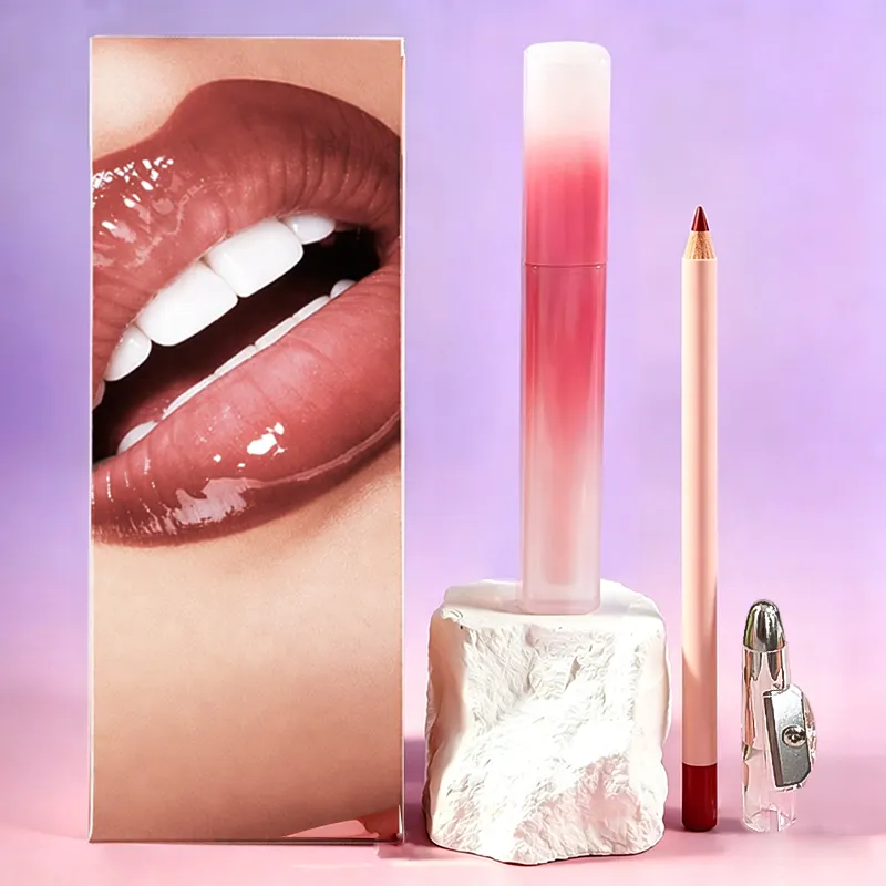 OEM Lip Gloss Lip Liner Pencil Set With Sharpener Sunflower Oil Vitamin E Hydrating Waterproof Long Lasting Gift Box