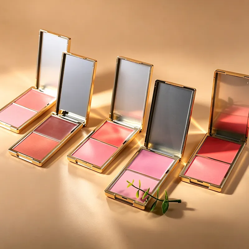 Wholesale Duo Gold Pressed Powder Luxury Orange Blush Palette Custom logo Cream Powder Lip and Cheek Waterproof Blusher
