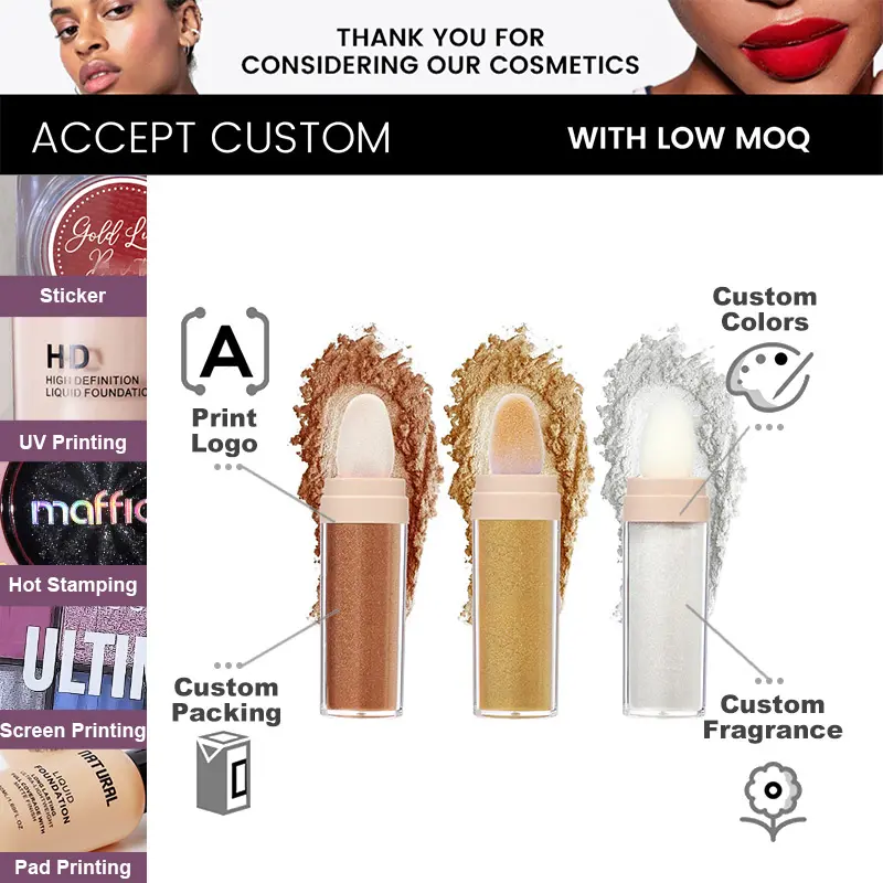 Custom logo Highlight Shimmer Powder Glitter Highlighter Stick Natural Brighten Stereo Contour Blush Private Label Face Body