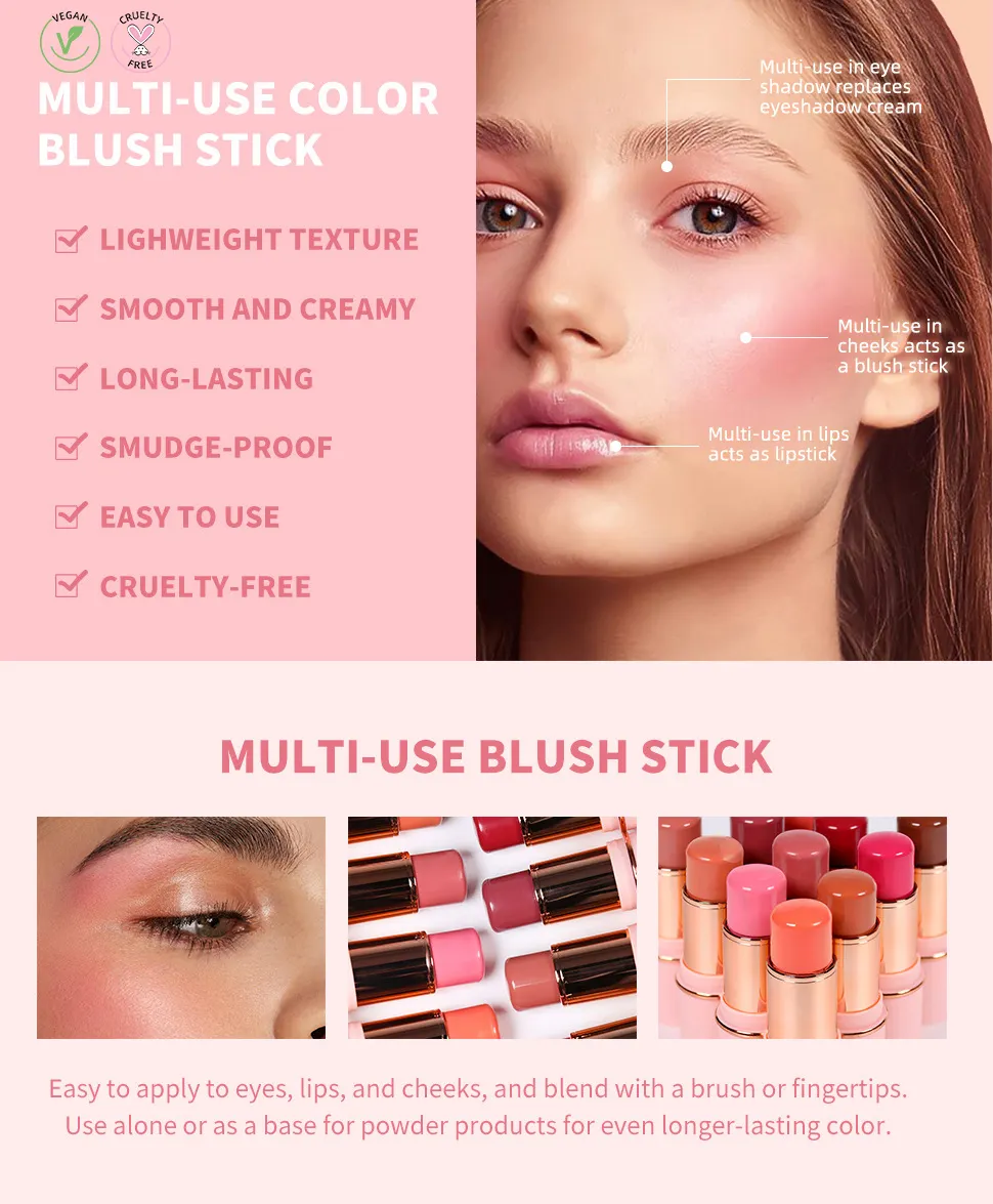 Private Label Vegan Blush Stick With Brush Wholesale Custom Private Label High Pigment Blush Color Makeup
