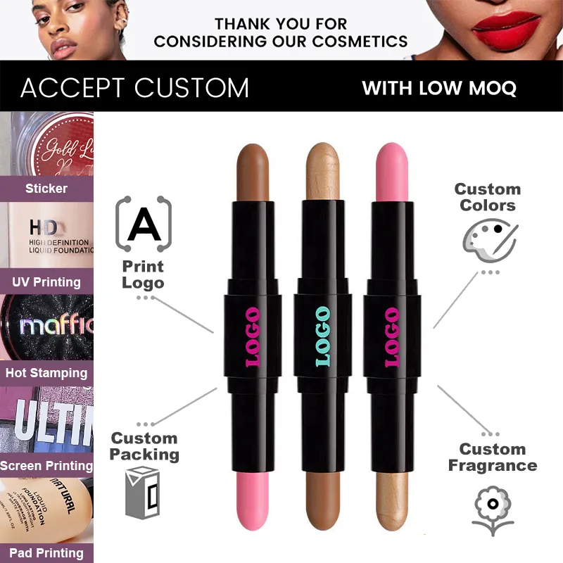 Private Label Waterproof Bronzer Highlighter Double Concealer Blush for Face Long Lasting 2in1 Makeup Highlight Blush Stick