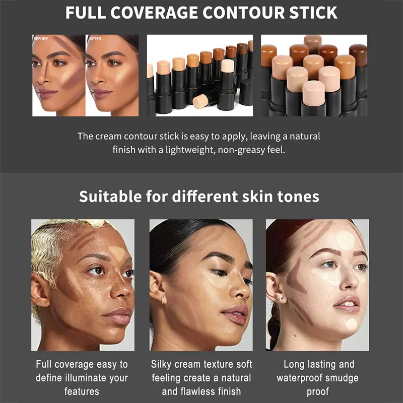 Custom Logo 11 Colors Stick Contouring Rivate Label Face Vegan Makeup Long-lasting Concealer Contour Stick for Black Skin
