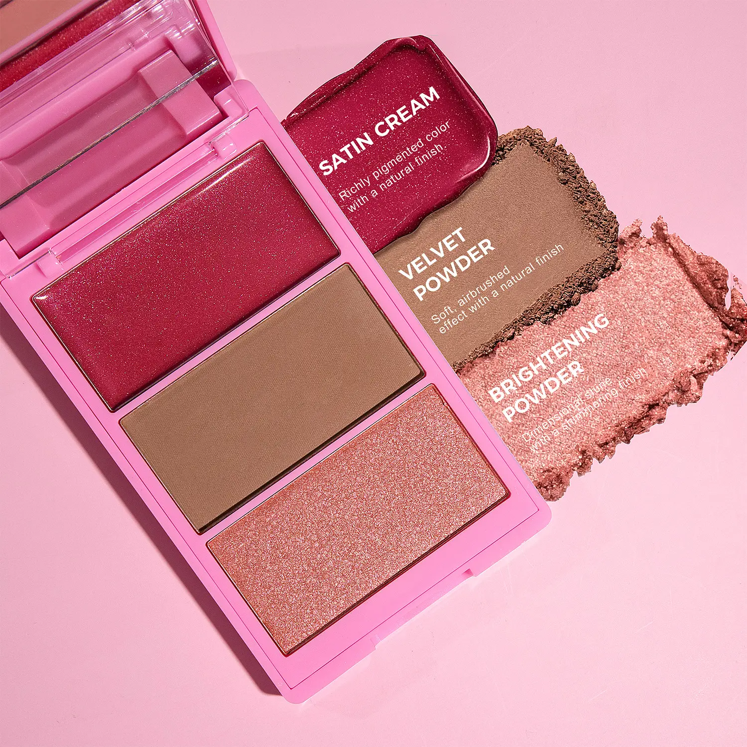 Custom Logo Vegan Cruelty Free Long Lasting High Pigment Pressed Powder 3 in a Face Cheek Cream Blush Private Label Palette