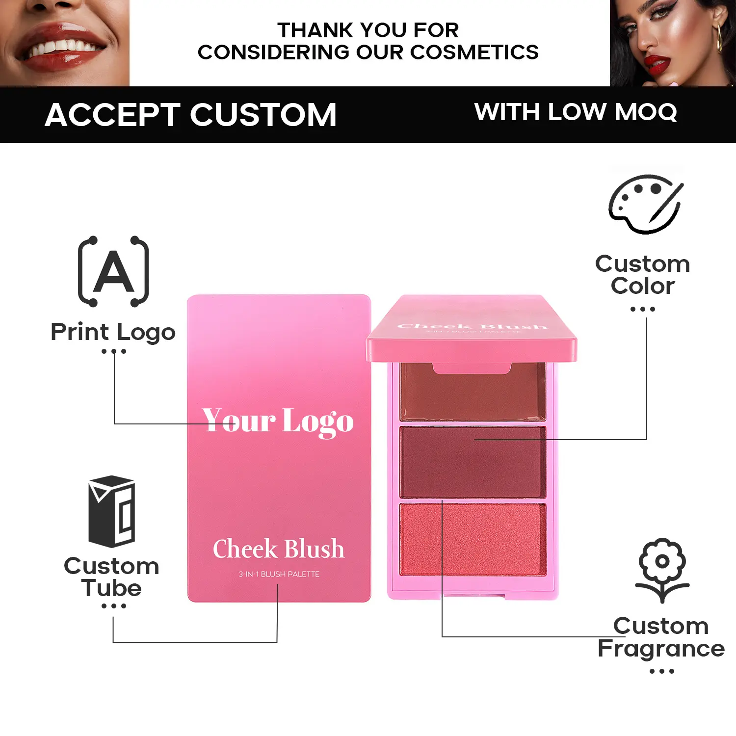 Custom Logo Vegan Cruelty Free Long Lasting High Pigment Pressed Powder 3 in a Face Cheek Cream Blush Private Label Palette