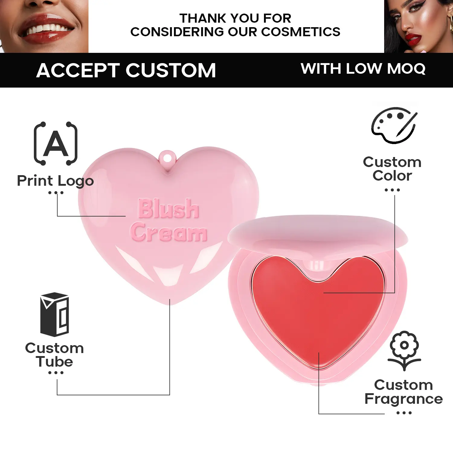 Wholesale Vegan Heart Cream Blush Compact Dewy Natural Glow Matte Finish Waterproof High Pigment Regular Size Face Blusher