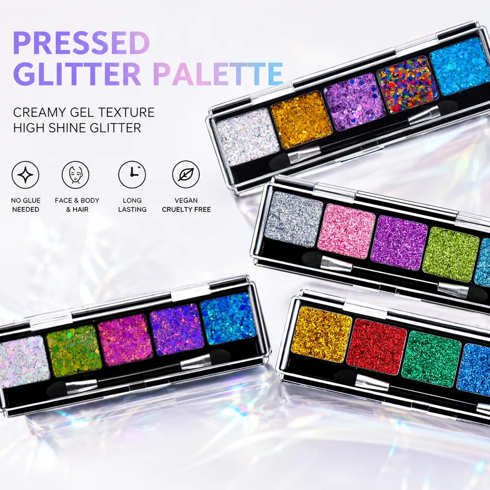 Private Label 5 Color Pressed Glitter Eyeshadow Palette No Glue Self Adhering Gel Formula Face Body Hair Vegan Festival