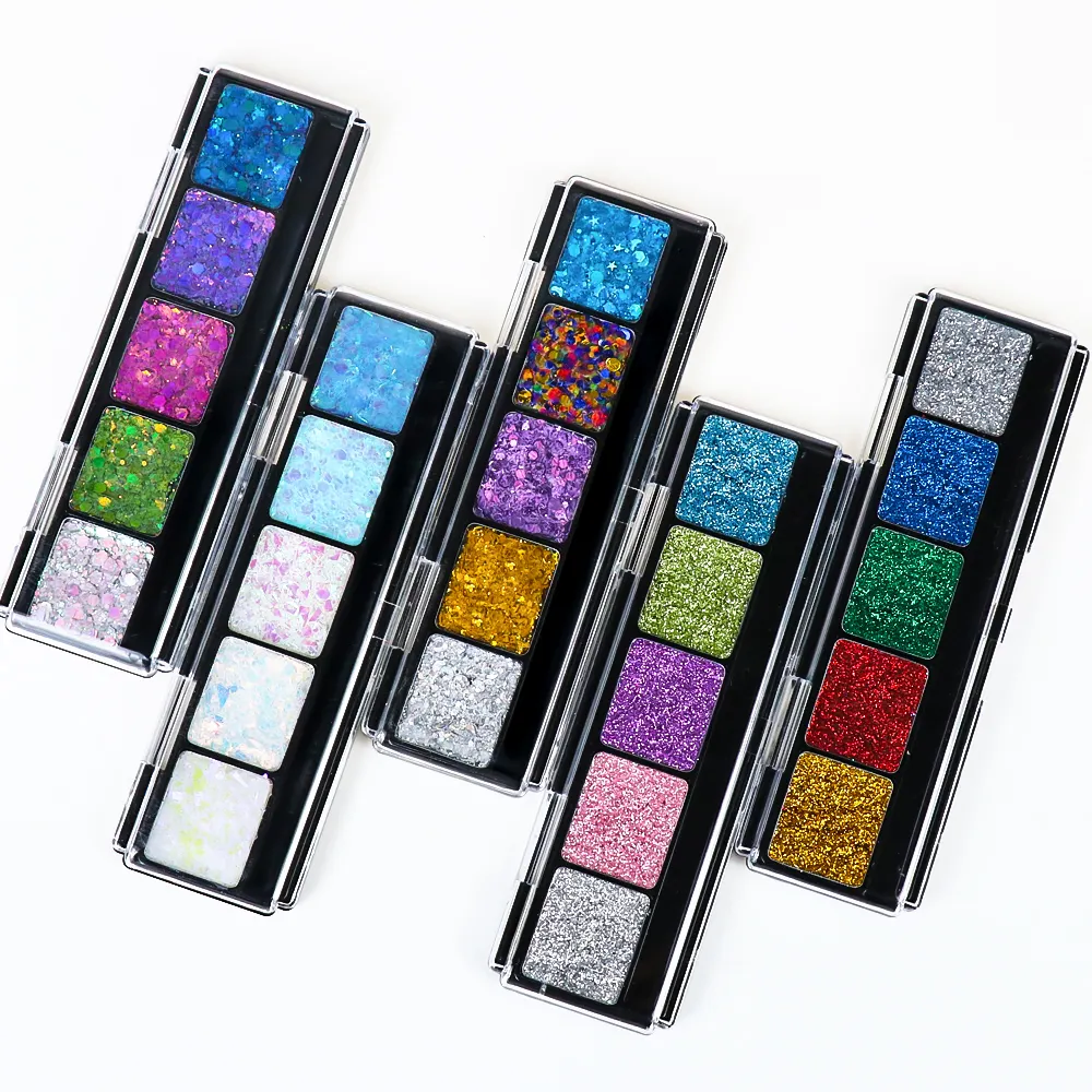 Private Label 5 Color Pressed Glitter Eyeshadow Palette No Glue Self Adhering Gel Formula Face Body Hair Vegan Festival