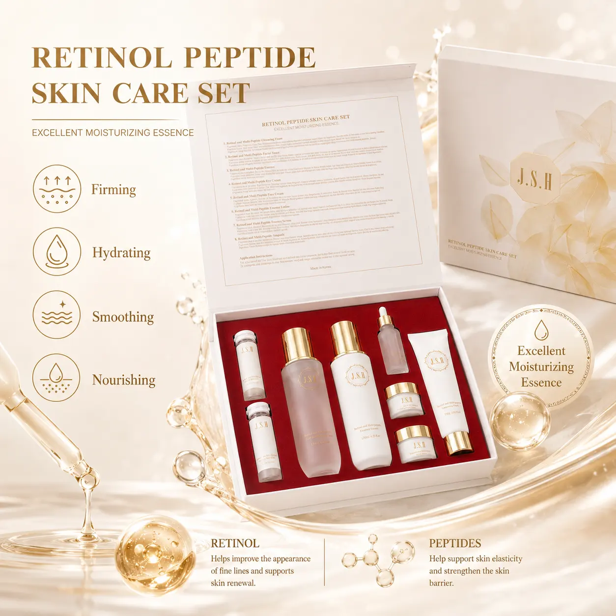 JSH Retinol Multi Peptides Vitamin C Korean Skincare 11-Piece Anti-Aging Hydration Luxury Face Cream Set Premium Beauty