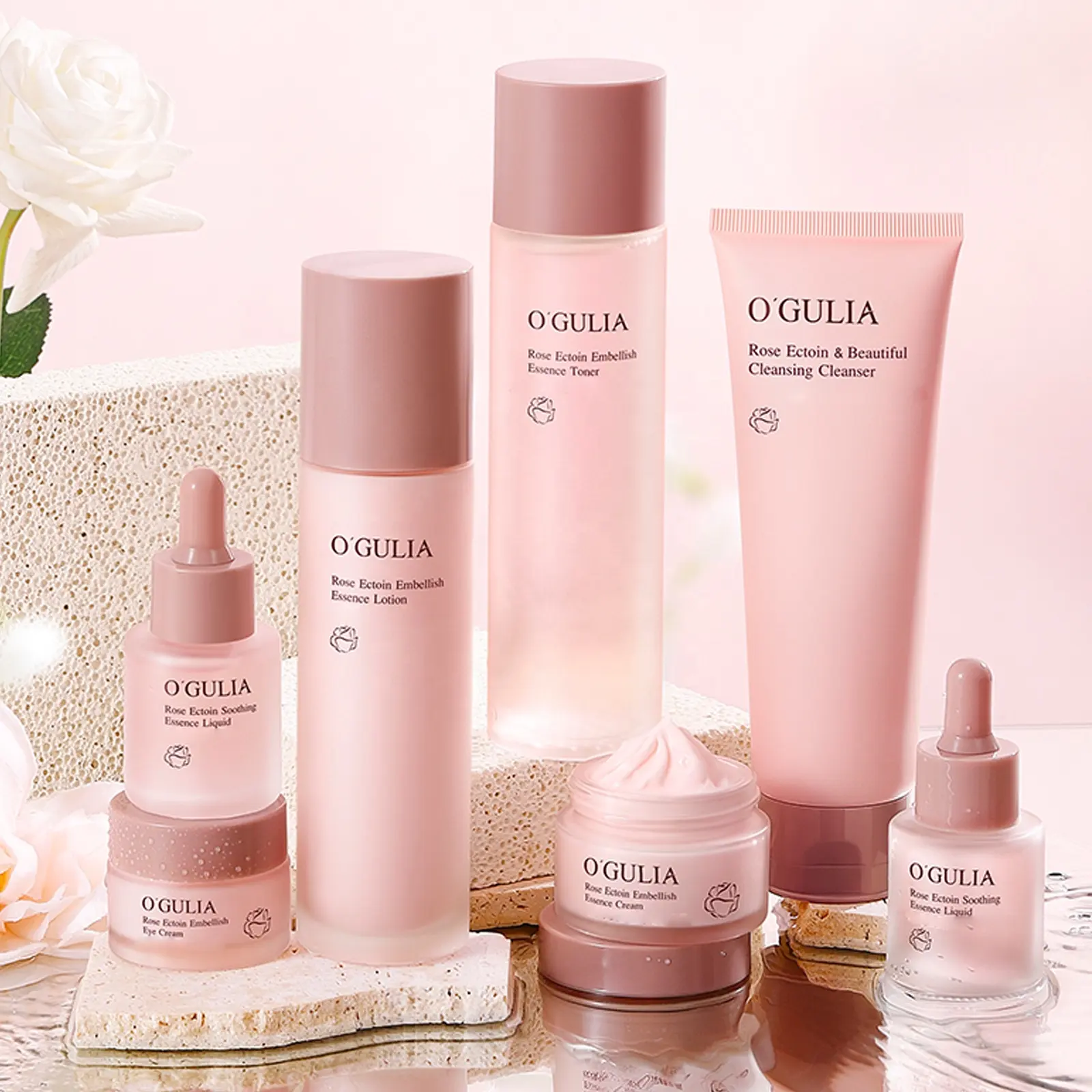 OEM Rose Skincare Set 7pc Hydrating Face Care Kit Ectoine Bifid Yeast Turkic Rose Oil Herbal Anti-Aging Complete Nourishing