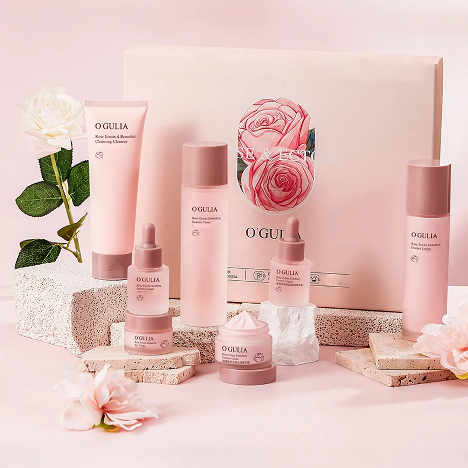 OEM Rose Skincare Set 7pc Hydrating Face Care Kit Ectoine Bifid Yeast Turkic Rose Oil Herbal Anti-Aging Complete Nourishing