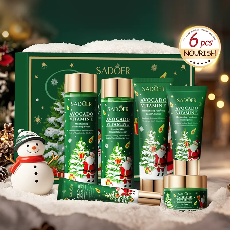 Hot Sale OEM SADOER Christmas Avocado Hyaluronic Acid Face Moisturizing Cream & Lotion 6-Piece Skincare Gift Set Wholesale