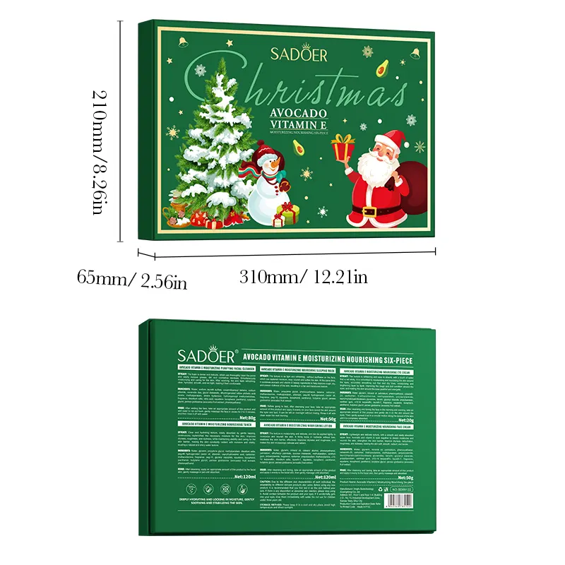 Hot Sale OEM SADOER Christmas Avocado Hyaluronic Acid Face Moisturizing Cream & Lotion 6-Piece Skincare Gift Set Wholesale