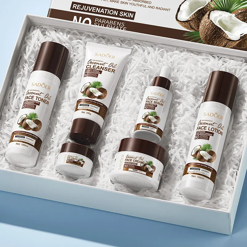 OEM Private Label SADOER Coconut Oil Moisturizing Nourishing Skincare Kit Natural Korean Cosmetics 6PCS Skin Care Set for Women