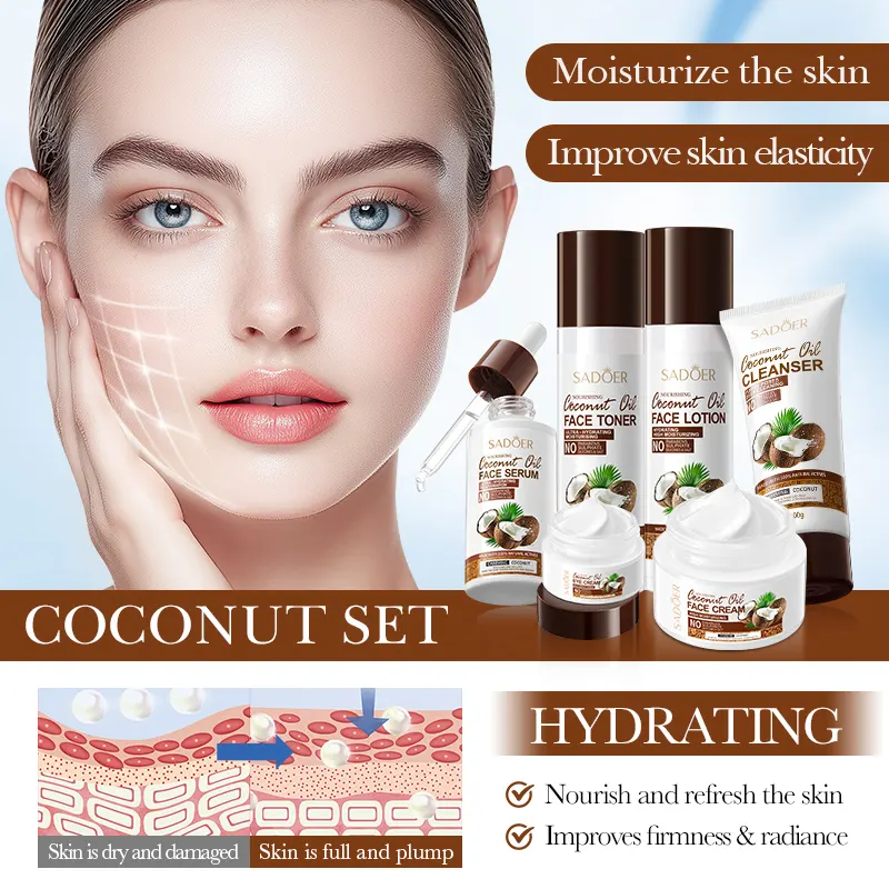 OEM Private Label SADOER Coconut Oil Moisturizing Nourishing Skincare Kit Natural Korean Cosmetics 6PCS Skin Care Set for Women