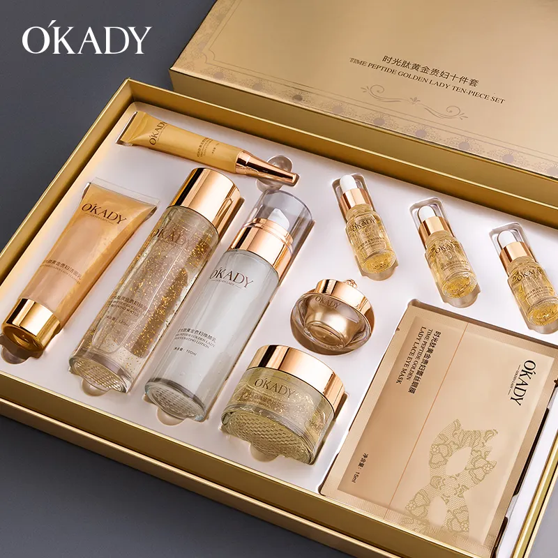 OEM ODM Luxury Hexapeptide-8 Gold Organic Peptide Skincare Anti Aging Face Cream Whitening Lightening 10-Piece Skin Care Set