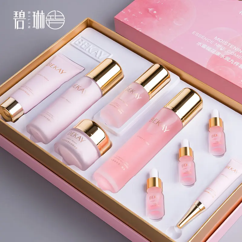 New Arrival 9pcs Peach Blossom Moisturizing Whitening Cream Set Skin Care Private Label Skin Care Sets With Logo