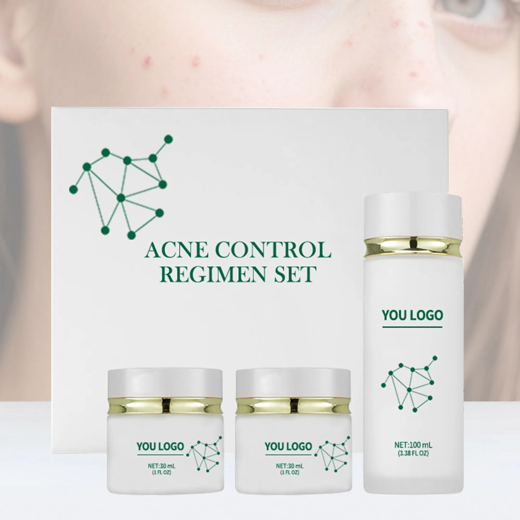 Private Label Acne Control Regimen Set Hyaluronic Acid Amino Acids + Ceramides Hydrating Moisturizer Salicylic Acid Zinc for Oil
