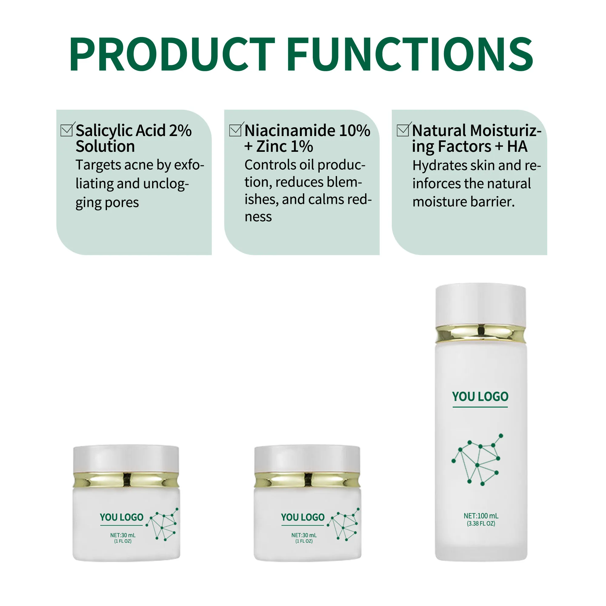 Private Label Acne Control Regimen Set Hyaluronic Acid Amino Acids + Ceramides Hydrating Moisturizer Salicylic Acid Zinc for Oil