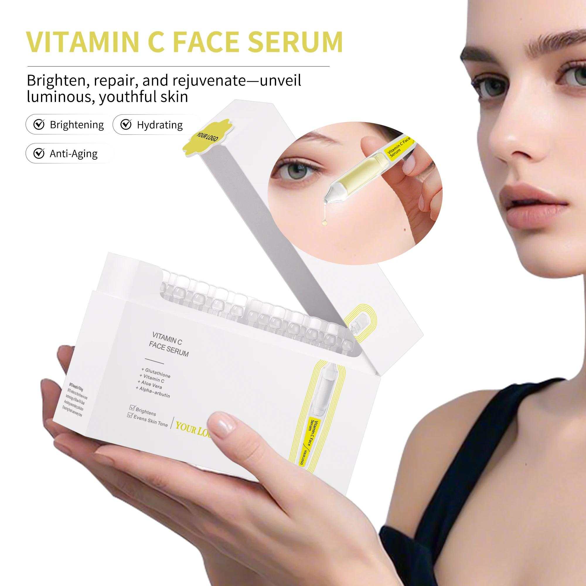 GMPC Factory Private Label Vitamin C Brightening Anti-Wrinkle Anti-Aging Face Serum Vials Even Tone Eco-Friendly MoCRA Ready