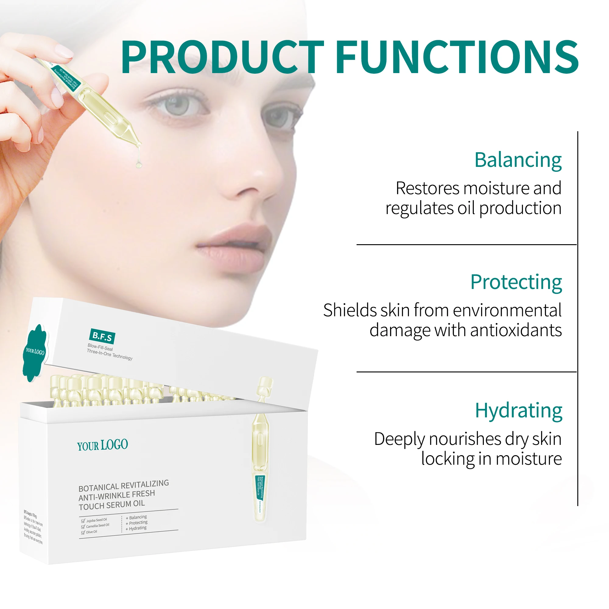 Vegan Jojoba Seed Oil Botanical Revitalizing Anti-Wrinkle Face Vials Serum Oil with Olive Oil for Loss of Elasticity Skin Care